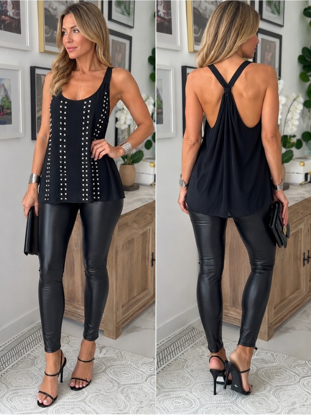 Rock & Republic Black Studded Racerback Tank Size L